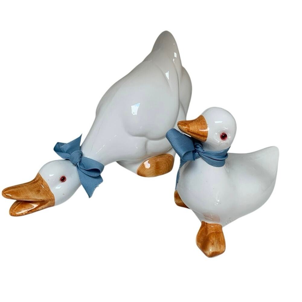 Vintage Mama Duck and Baby With Blue Fabric Ribbons Ceramic Decor